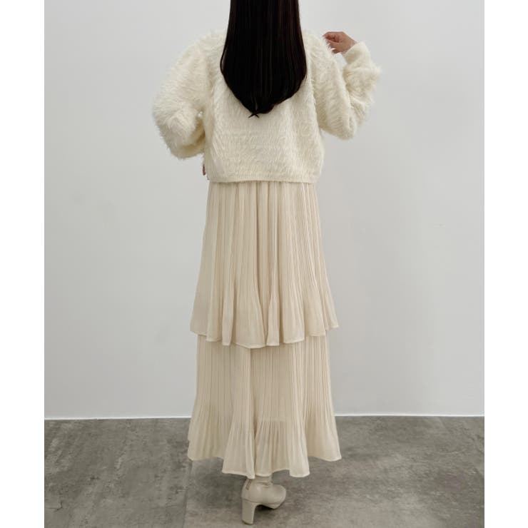 CENEA (薄手)金ボタンシャギーニットカーディガン＋プリーツ