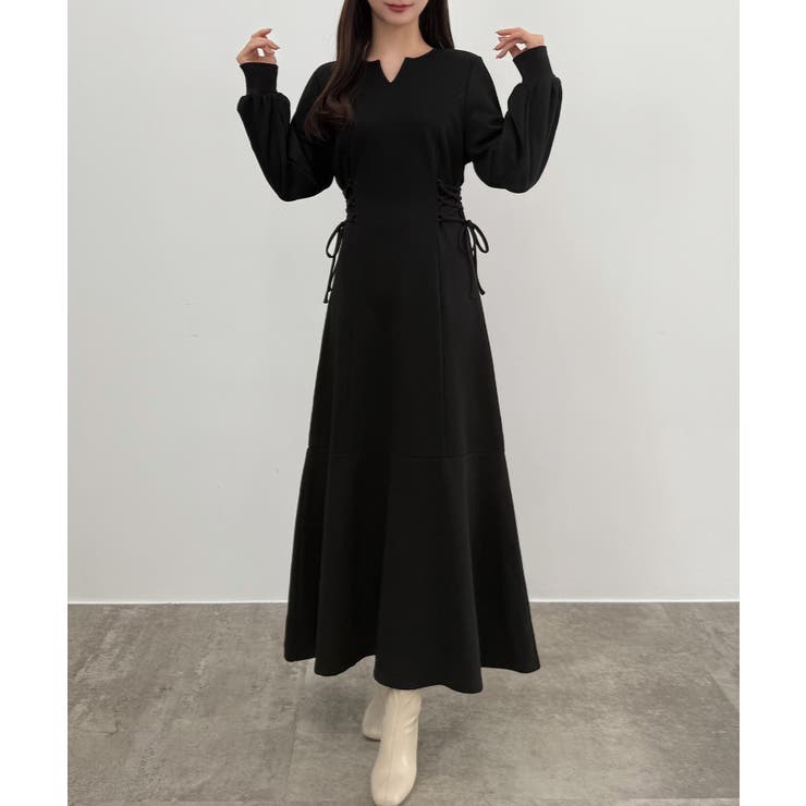 ブラック | CENEA キーネック裏起毛レースアップワンピース | JUNOAH