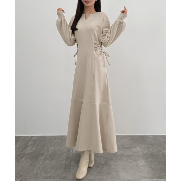 グレージュ | CENEA キーネック裏起毛レースアップワンピース | JUNOAH