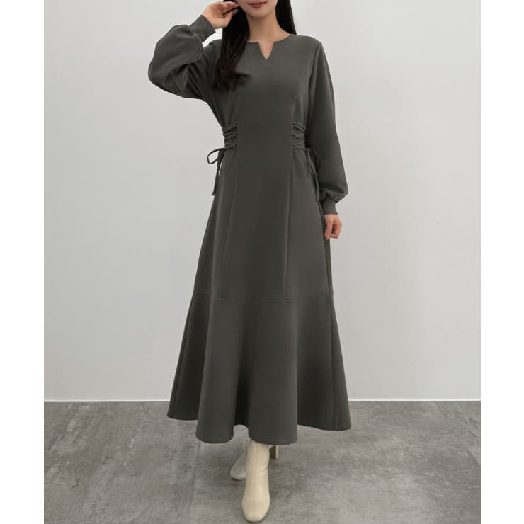 チャコール | CENEA キーネック裏起毛レースアップワンピース | JUNOAH