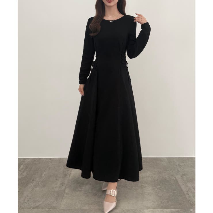 ブラック | CENEA レースアップカットフレアワンピース(裏地無し) | JUNOAH