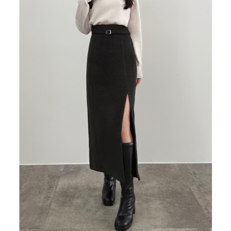 チャコール | CENEA スリットジップIラインスカート(伸縮あり、あったか生地、裏地なし) | JUNOAH