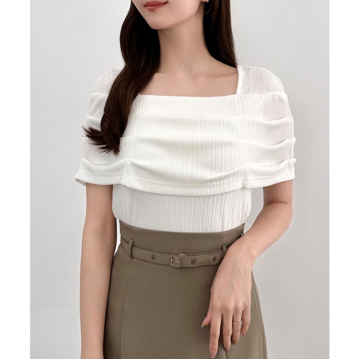 ホワイト | CENEA オフショル風スクエアネックドレープリブカットソー | JUNOAH