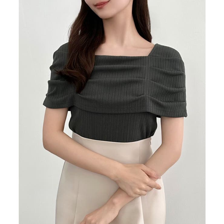 チャコール | CENEA オフショル風スクエアネックドレープリブカットソー | JUNOAH