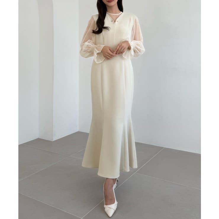 CENEA チュールシアーブラウス＋VネックマーメイドワンピースSET | JUNOAH | 詳細画像9 