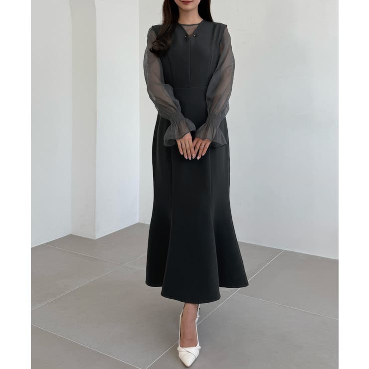 CENEA チュールシアーブラウス＋VネックマーメイドワンピースSET | JUNOAH | 詳細画像13 