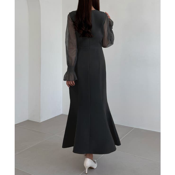 CENEA チュールシアーブラウス＋VネックマーメイドワンピースSET | JUNOAH | 詳細画像16 