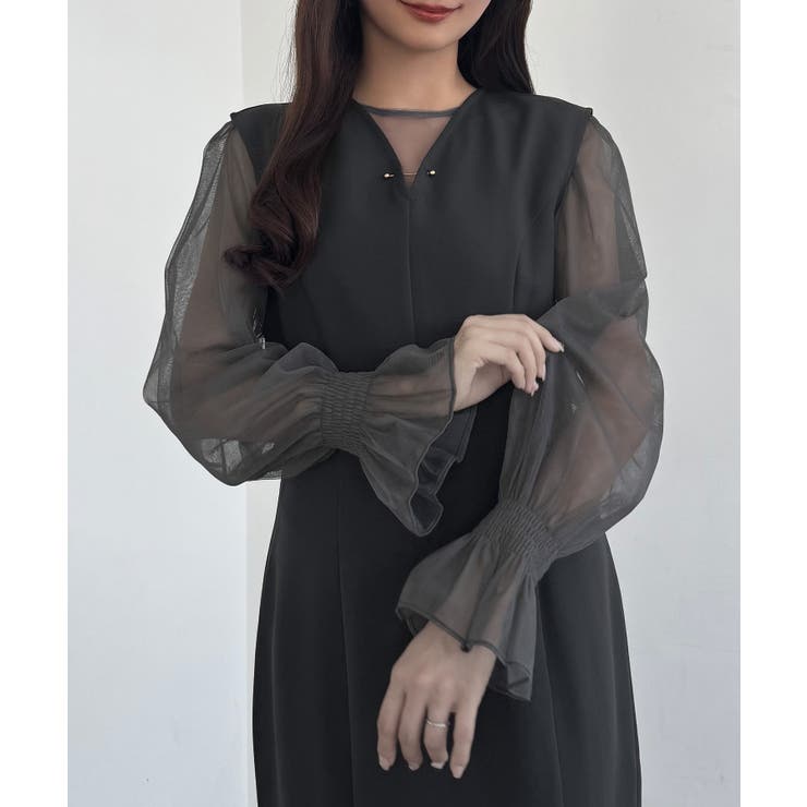 CENEA チュールシアーブラウス＋VネックマーメイドワンピースSET | JUNOAH | 詳細画像17 