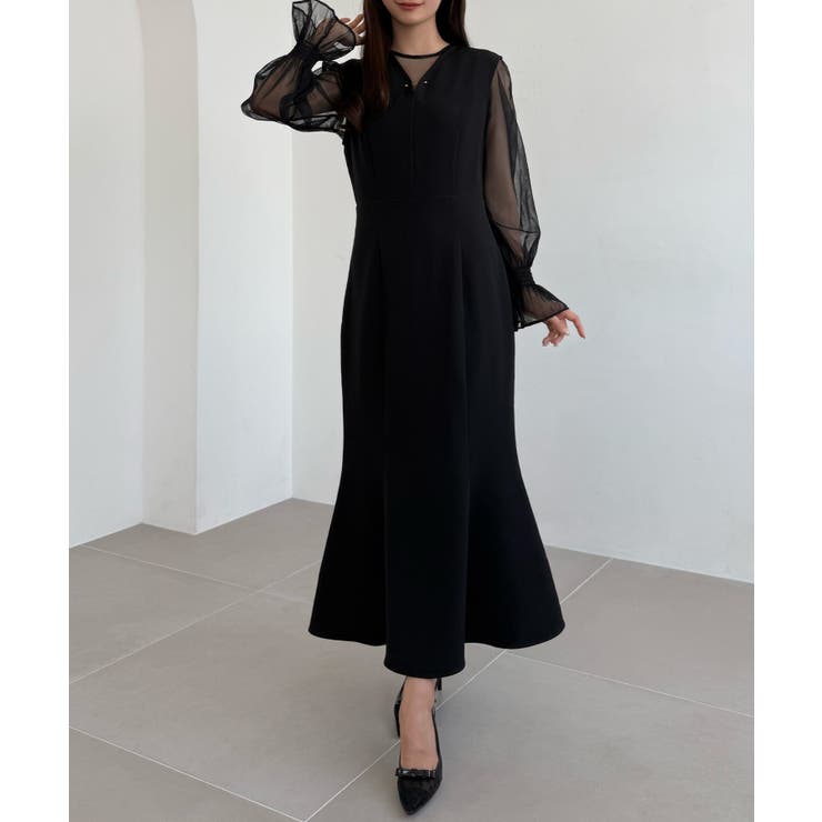 ブラック | CENEA チュールシアーブラウス＋VネックマーメイドワンピースSET | JUNOAH