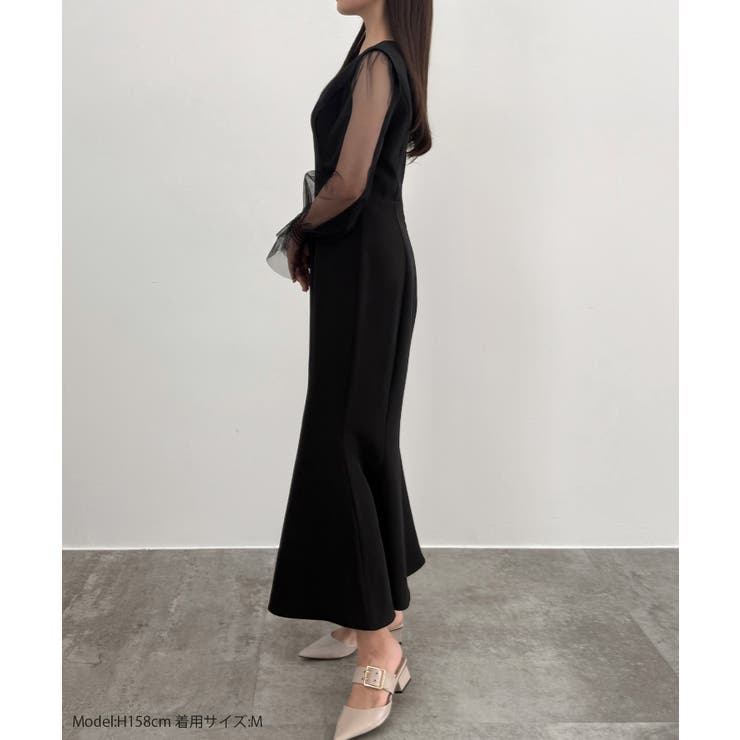 CENEA チュールシアーブラウス＋VネックマーメイドワンピースSET | JUNOAH | 詳細画像2 