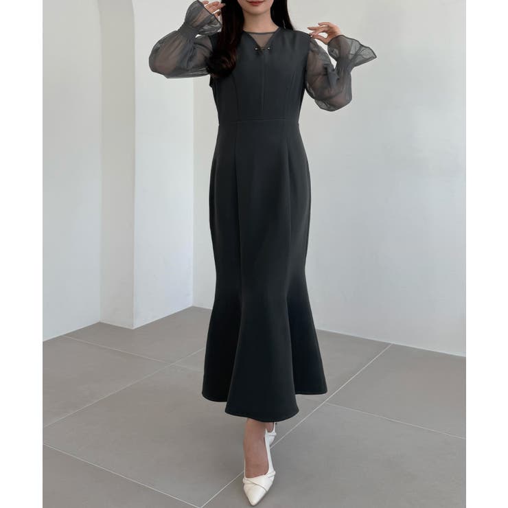 チャコール | CENEA チュールシアーブラウス＋VネックマーメイドワンピースSET | JUNOAH