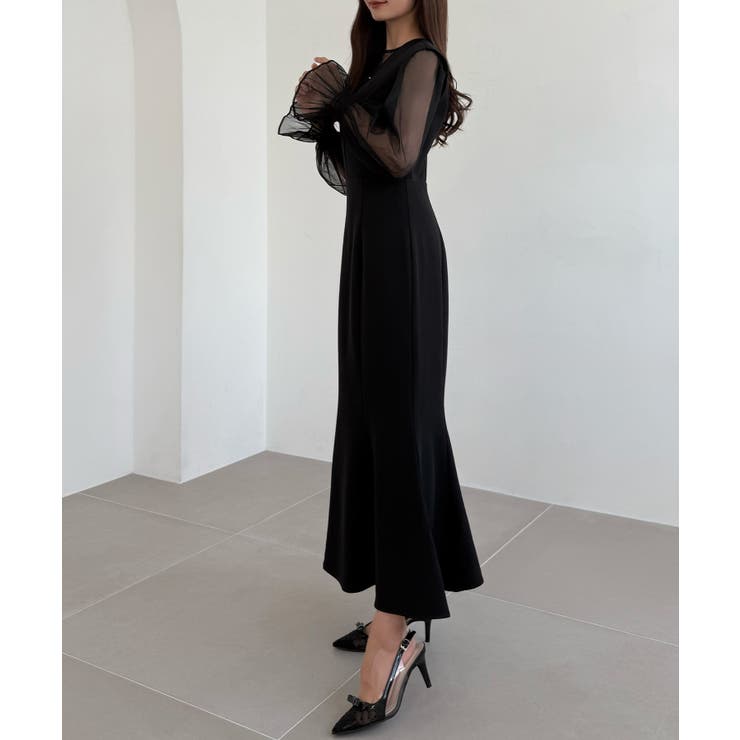 CENEA チュールシアーブラウス＋VネックマーメイドワンピースSET | JUNOAH | 詳細画像4 