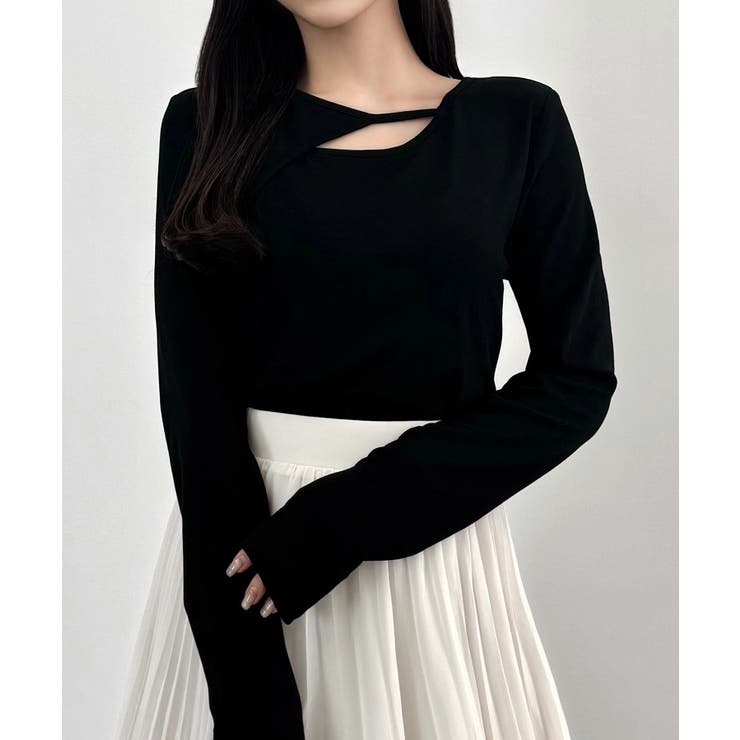 ブラック | CENEA 薄手カットアウトデザインカットソー | JUNOAH