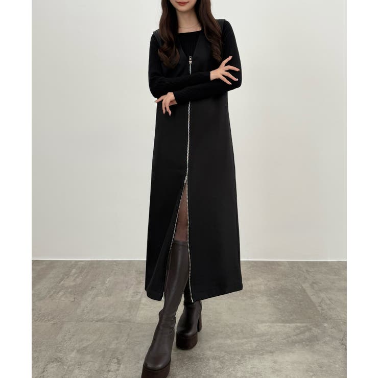 ブラック | CENEA 裏起毛フロントファスナージャンパースカート | JUNOAH