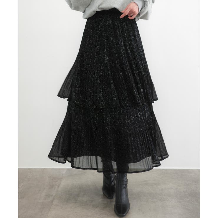 ブラック | CENEA ラメチュールプリーツティアードスカート | JUNOAH