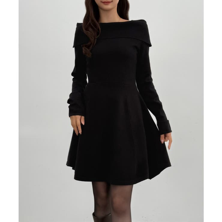 ブラック | CENEA オフショル風スクエアネックミニニットワンピ | JUNOAH