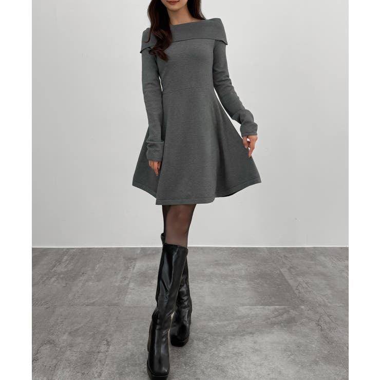 チャコール | CENEA オフショル風スクエアネックミニニットワンピ | JUNOAH