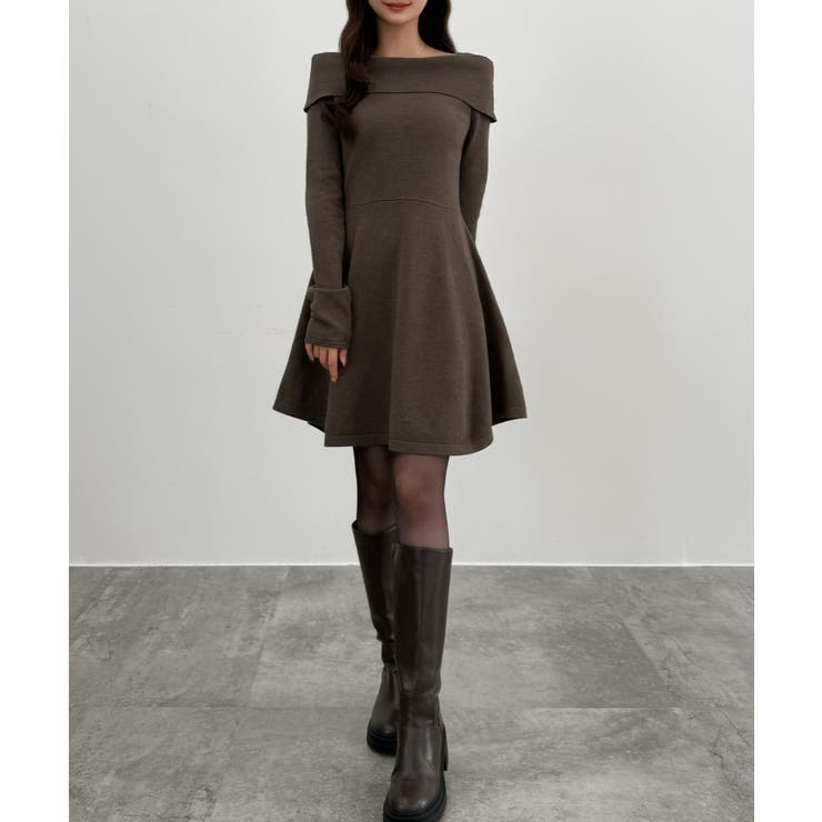 モカ | CENEA オフショル風スクエアネックミニニットワンピ | JUNOAH