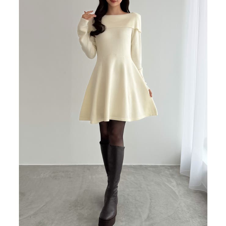 アイボリー | CENEA オフショル風スクエアネックミニニットワンピ | JUNOAH