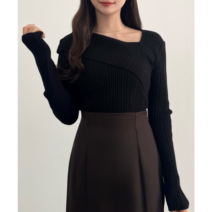 ブラック | CENEA アシンメトリーロールカラーニットトップス | JUNOAH