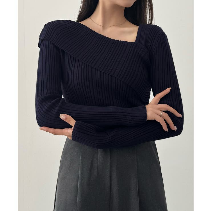 ネイビー | CENEA アシンメトリーロールカラーニットトップス | JUNOAH