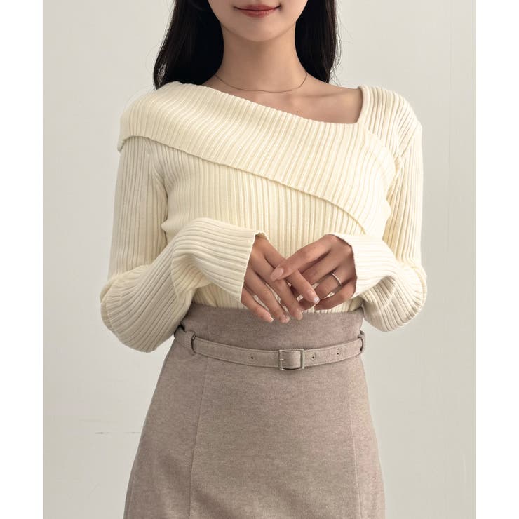 CENEA アシンメトリーロールカラーニットトップス | JUNOAH | 詳細画像8 