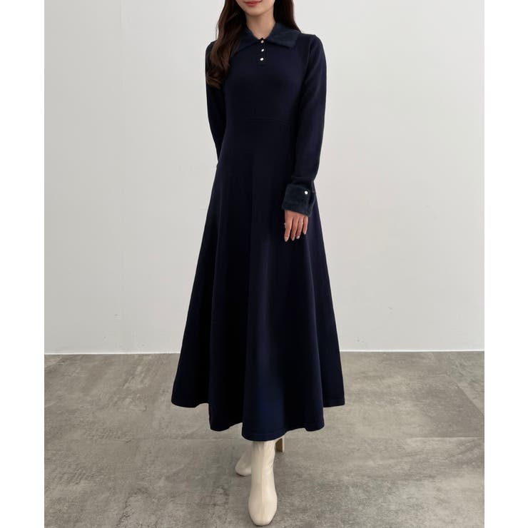 CENEA シャギーカラーフレアニットワンピース[品番：AMTW0012772