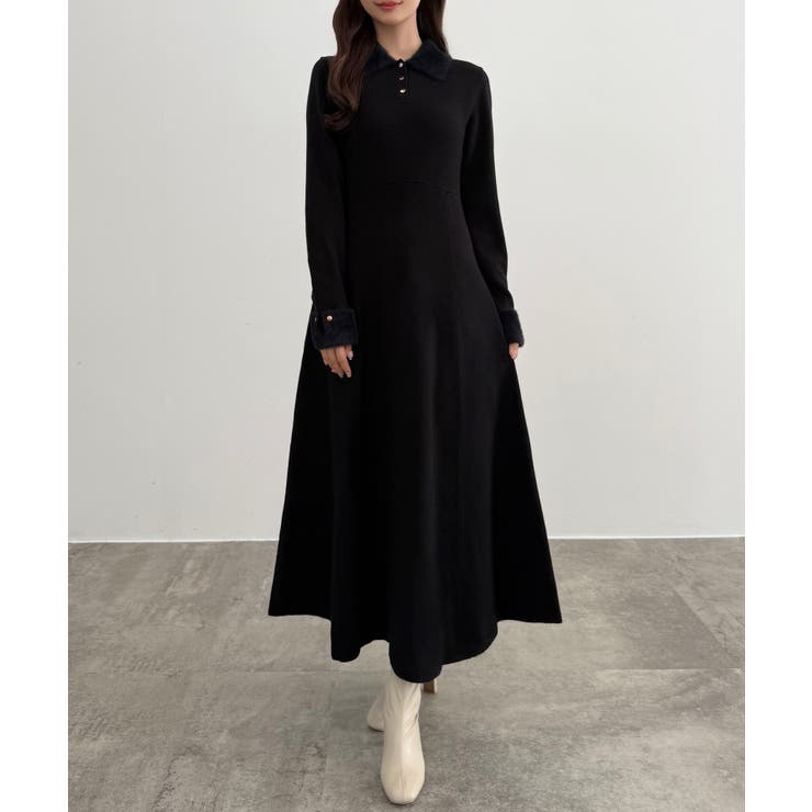 ブラック | CENEA シャギーカラーフレアニットワンピース | JUNOAH