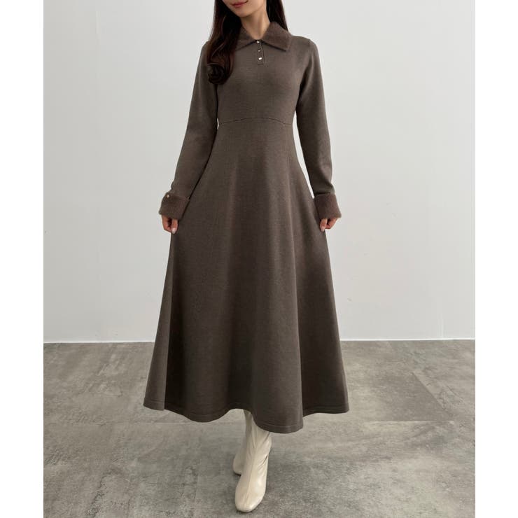 モカ | CENEA シャギーカラーフレアニットワンピース | JUNOAH