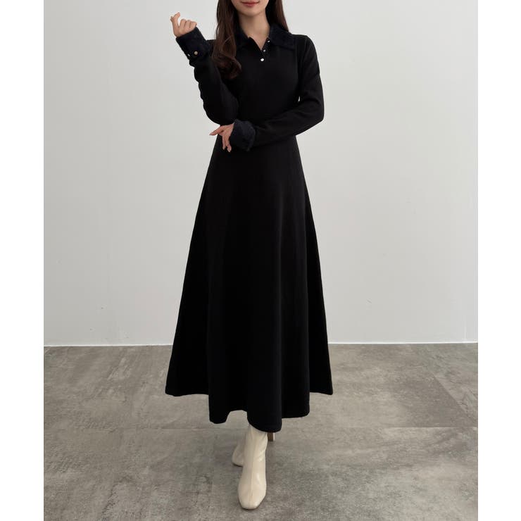 CENEA シャギーカラーフレアニットワンピース[品番：AMTW0012772