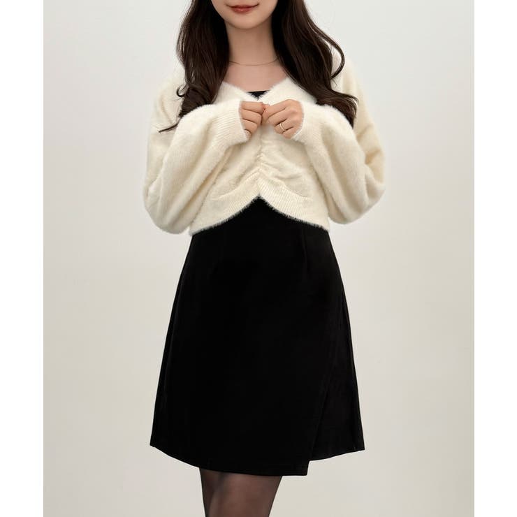 アイボリー | CENEA フロントギャザーシャギーニット＋ミニキャミワンピース | JUNOAH