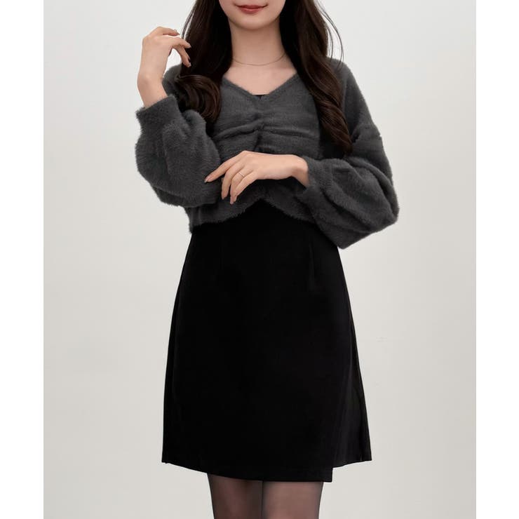 チャコール | CENEA フロントギャザーシャギーニット＋ミニキャミワンピース | JUNOAH
