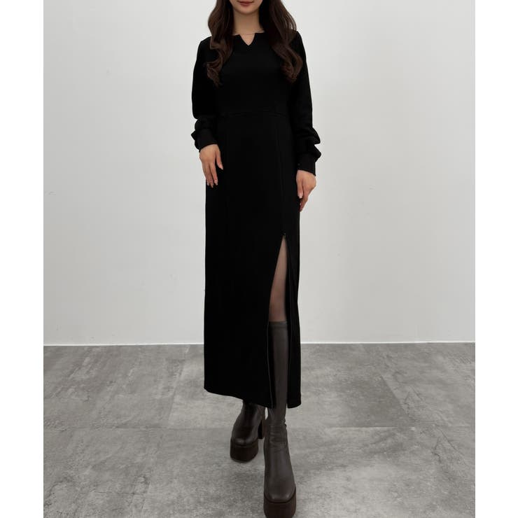 ブラック | CENEA 裏起毛裾ファスナーIラインワンピース | JUNOAH