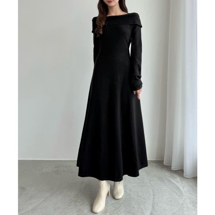 ブラック | CENEA オフショル風スクエアネックロングニットワンピ | JUNOAH