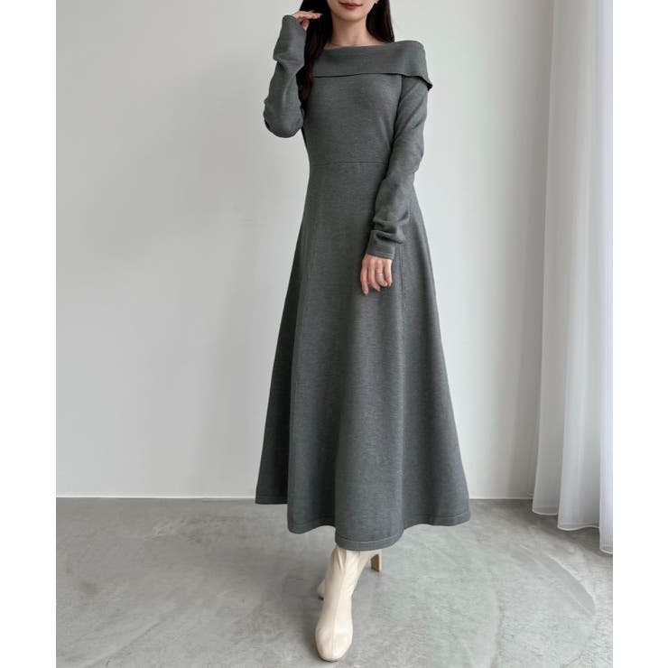 チャコール | CENEA オフショル風スクエアネックロングニットワンピ | JUNOAH