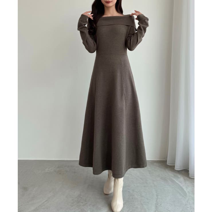 モカ | CENEA オフショル風スクエアネックロングニットワンピ | JUNOAH