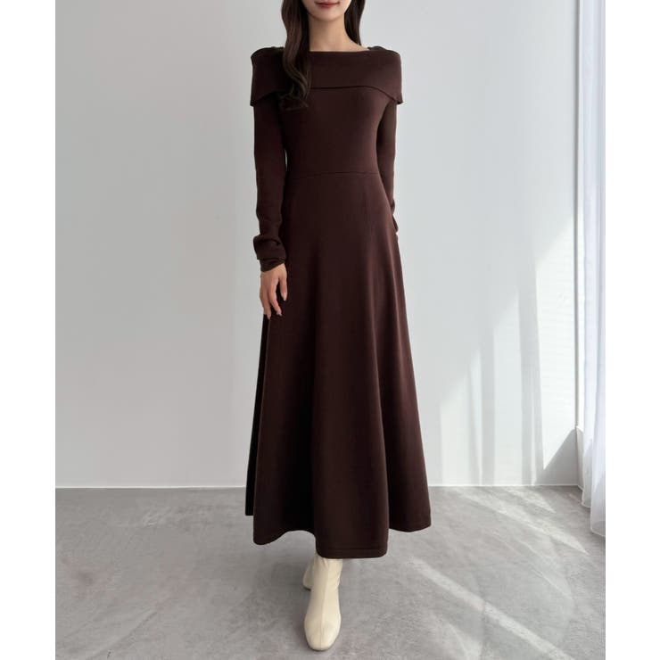 ブラウン | CENEA オフショル風スクエアネックロングニットワンピ | JUNOAH