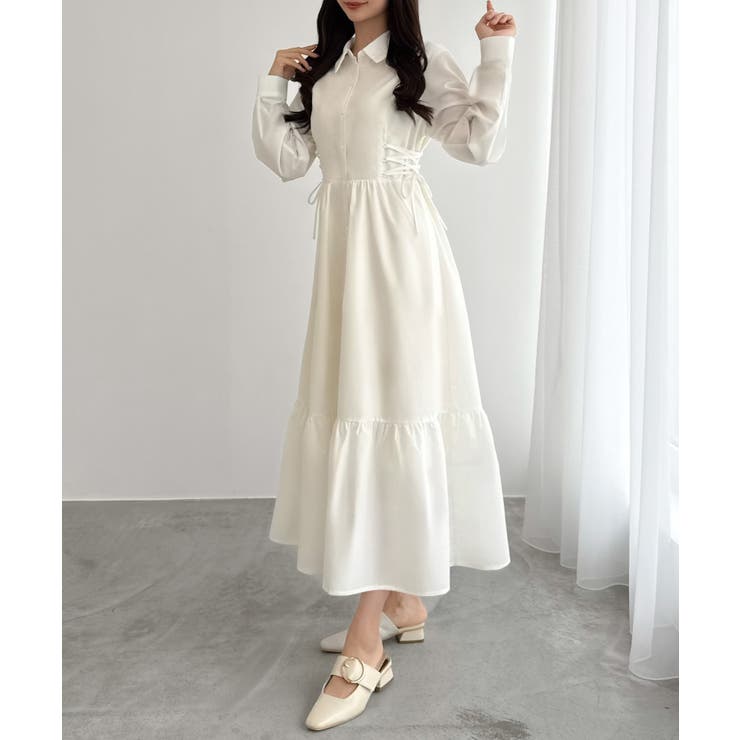 ホワイト | CENEA サイドレースアップヘムフレアシャツワンピース | JUNOAH