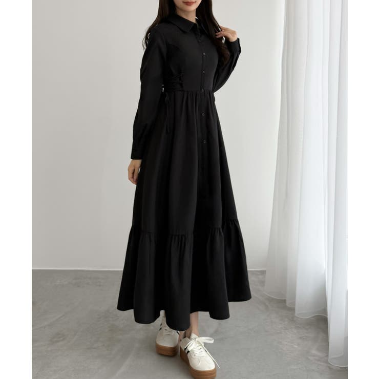 ブラック | CENEA サイドレースアップヘムフレアシャツワンピース | JUNOAH
