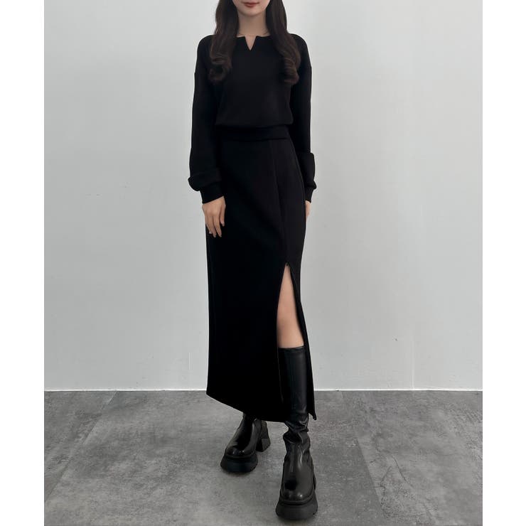 ブラック | CENEA キーネックトップス＋裾ファスナーＩラインスカート | JUNOAH