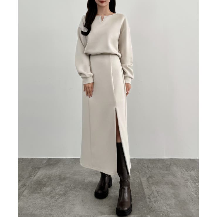 アイボリー | CENEA キーネックトップス＋裾ファスナーＩラインスカート | JUNOAH