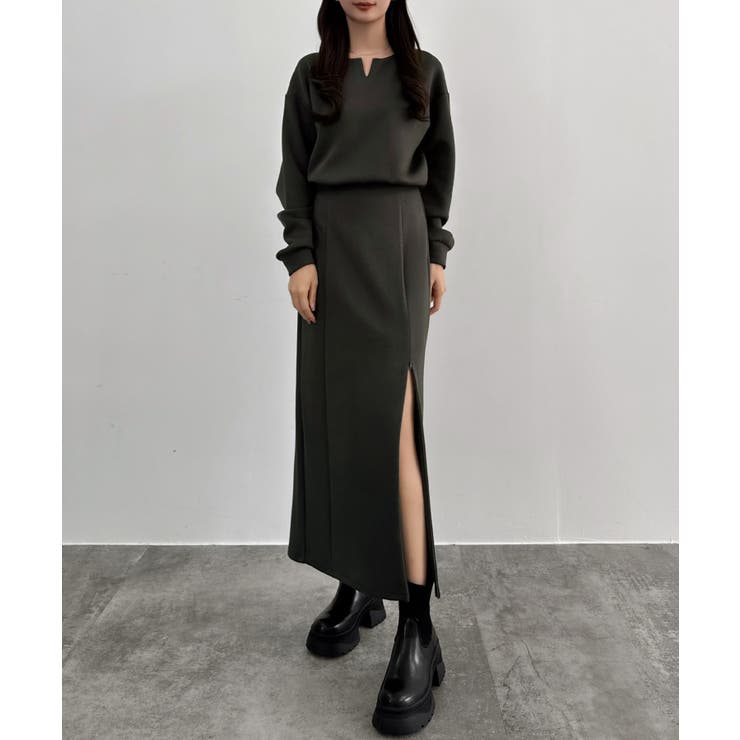 チャコール | CENEA キーネックトップス＋裾ファスナーＩラインスカート | JUNOAH