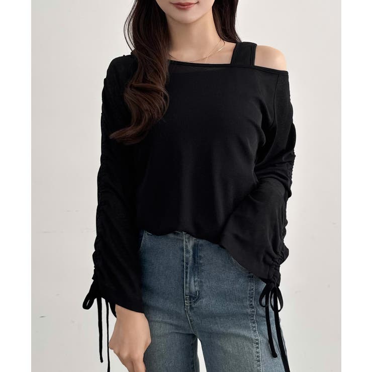 ブラック | CENEA 【取り外し可能パット付き】袖ドロストカットソー＋リブタンクトップSE… | JUNOAH