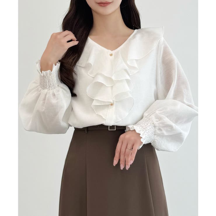 ホワイト | CENEA Vネックフレアラッフルブラウス | JUNOAH