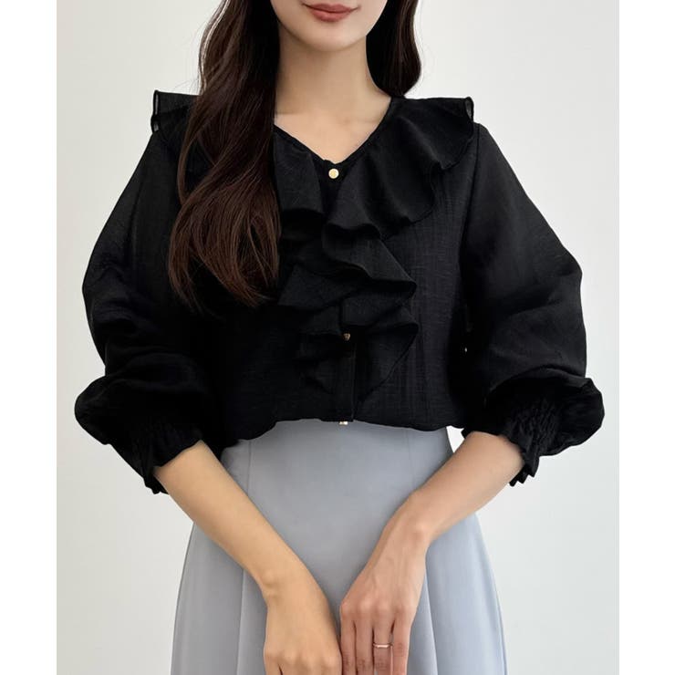 ブラック | CENEA Vネックフレアラッフルブラウス | JUNOAH