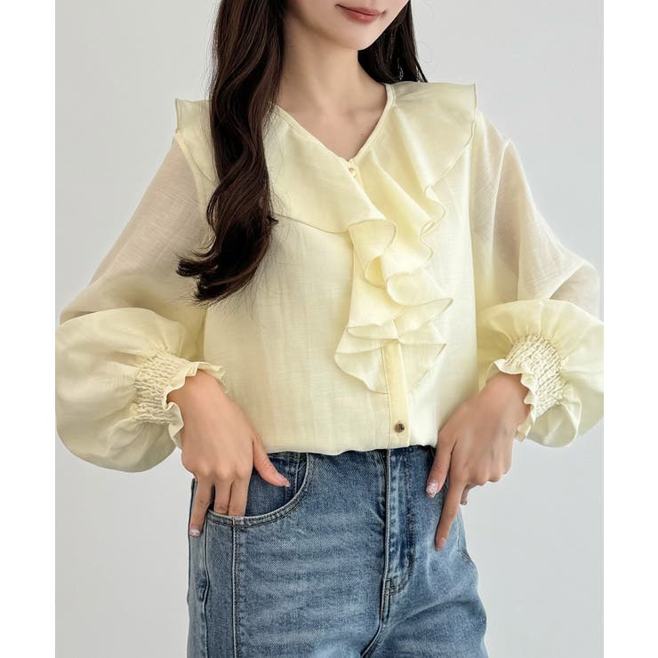 CENEA Vネックフレアラッフルブラウス | JUNOAH | 詳細画像6 