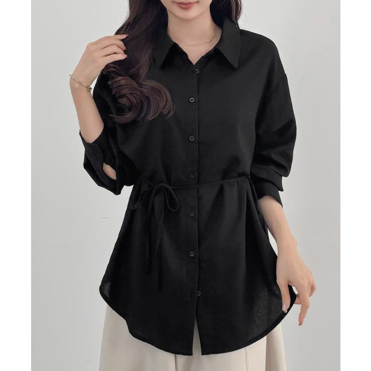 ブラック | CENEA ベルト付きリネン混シャツ | JUNOAH