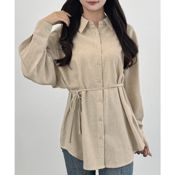 アイボリー | CENEA ベルト付きリネン混シャツ | JUNOAH