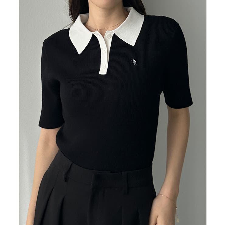 Aブラック | Louere ロゴ刺繍半袖リブニットポロ | Louere