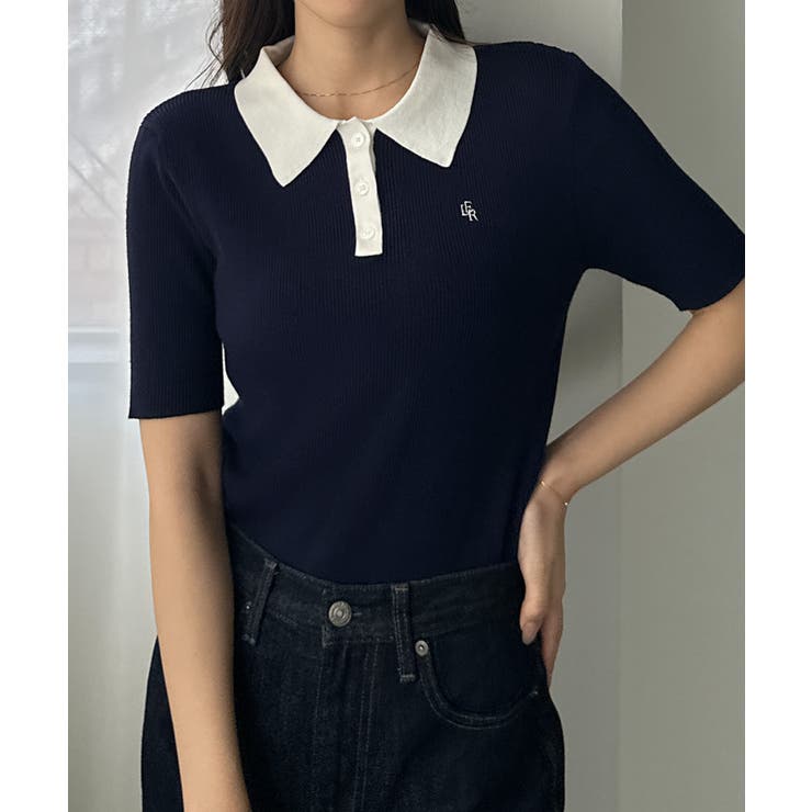 ネイビー | Louere ロゴ刺繍半袖リブニットポロ | Louere